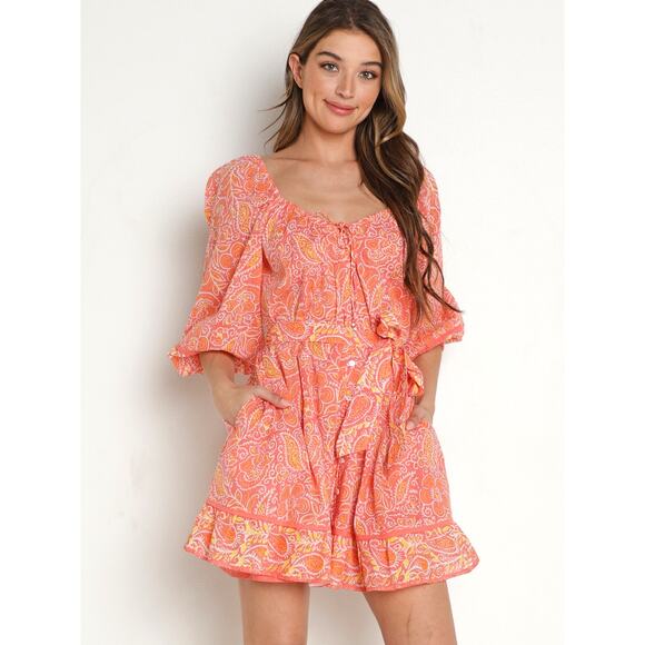 Cleobella Orange Paisley Print Button Front Boho Bohemian Grace Mini Dress Small - Picture 1 of 12